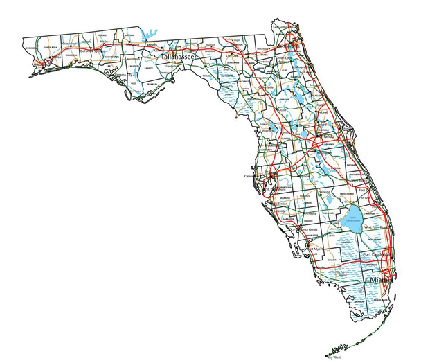 Χάρτης δρόμων και αυτοκινητοδρόμων της Φλόριντα. Εικονογράφηση διανύσματος. - Διάνυσμα, εικόνα