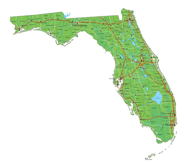 Etiketli yüksek detaylı Florida fiziksel haritası. - Vektör, Görsel