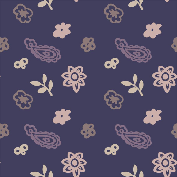 Bloosom of flowers and leaves composition, blooming wildflowers decoration. Leafage and branches decor. Paisley seamless pattern or background print, wallpaper or textile. Vector in flat style - Vecteur, image