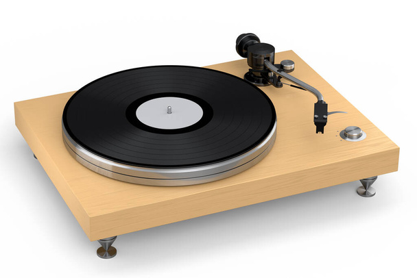 Vinyl record player or DJ turntable with retro vinyl disk on white background. 3d render of sound equipment and concept for sound entertainment. - 写真・画像