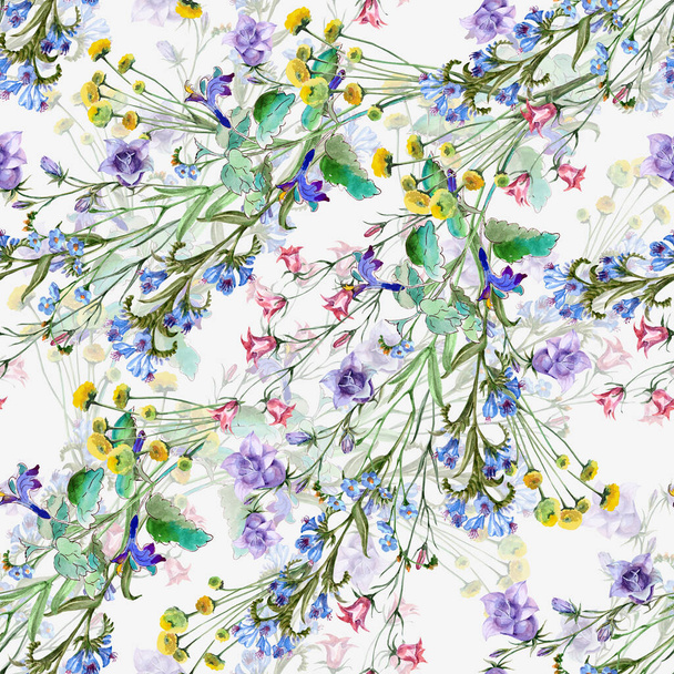Watercolor painting of beautiful meadow flowers. Seamless pattern on milk background. - Фото, зображення