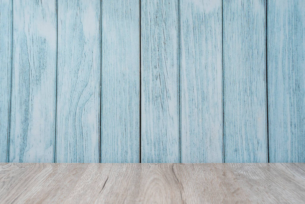Wood floor and blue wooden wall, empty room for background. - Фото, изображение