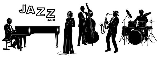 Jazz-yhtye Silhouettes Set. Pianisti, laulaja, tuplabasisti, saksofonisti, rumpali. Vektoriosat. - Vektori, kuva
