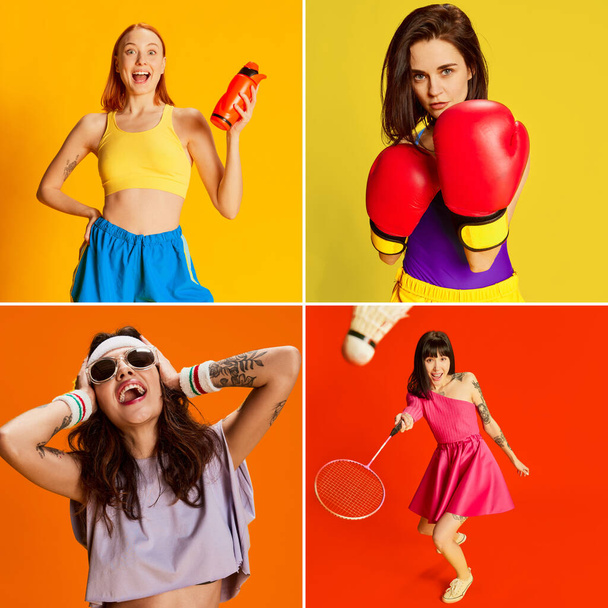 Collage made of four different young girls in sportswear training, playing and having fun over multicolored background. Concept of youth, emotions, lifestyle, diversity, hobby, sport, fun - Photo, Image