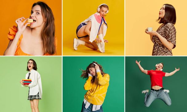 Collage made of different young people, man and women posing over multicolored background. Music, party, sport, education. Concept of youth, emotions, lifestyle, diversity, hobby, fashion - Photo, Image