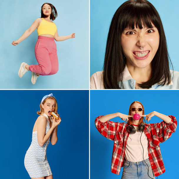 Collage made of four different beautiful young girls showing diverse emotions in various situations, posing over blue background. Concept of youth, emotions, lifestyle, diversity, hobby - Фото, зображення