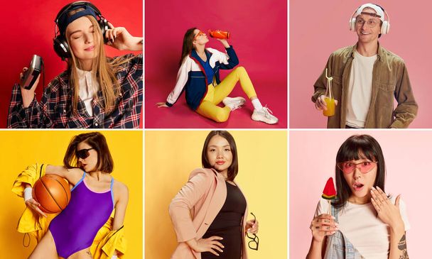 Collage made of different young people working, resting, doing sports, resting, having fun. Models posing over over multicolored background. Concept of youth, emotions, lifestyle, diversity, hobby - Φωτογραφία, εικόνα