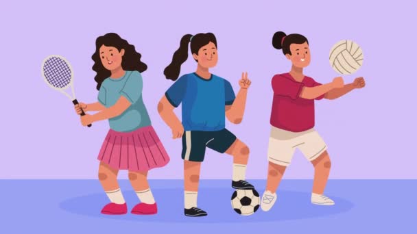 Маленькие девочки практикующие анимацию спортивных персонажей 4k видео анимированный - Кадры, видео