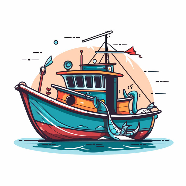 Ein kleines Fischerboot fährt hinaus aufs Meer. Zeichentrickvektorillustration. Etikett, Aufkleber, T-Shirt-Druck - Vektor, Bild