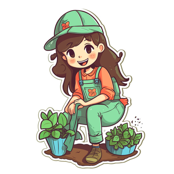 Een vrouwelijke tuinman plant nieuwe planten in de grond. Tuinieren, onderhoud van groen en parken. Cartoon vector illustratie. label, sticker, t-shirt bedrukking - Vector, afbeelding