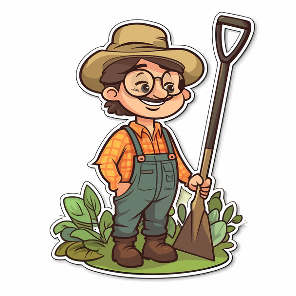 Ένας κηπουρός βάζει νέα φυτά στο έδαφος. Εργασίες κηπουρικής, συντήρηση πρασίνου και πάρκων. Εικονογράφηση φορέα κινουμένων σχεδίων. ετικέτα, αυτοκόλλητο, εκτύπωση t-shirt - Διάνυσμα, εικόνα