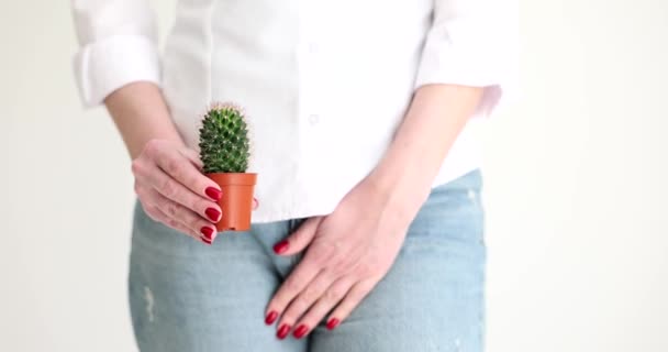 Mujer sosteniendo cactus y cubriendo genitales con enfermedad con la mano de cerca película 4k cámara lenta. Síntomas de infecciones de transmisión sexual y concepto de tratamiento - Imágenes, Vídeo