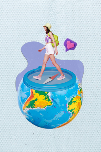Creative collage of young girl trips enjoy adventures wear backpack step compass navigate blogger explore planet isolated on blue background. - Photo, Image