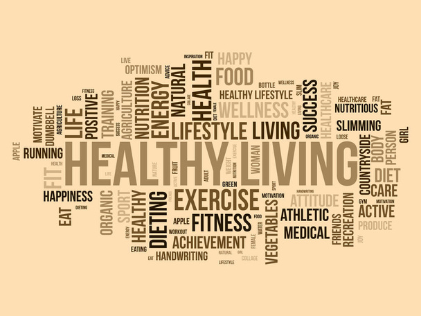Sağlıklı yaşam için kelime bulutu kavramı. Diyet egzersizi, sağlıklı yaşam tarzı ve organik beslenme enerjisi. vektör illüstrasyonu. - Vektör, Görsel