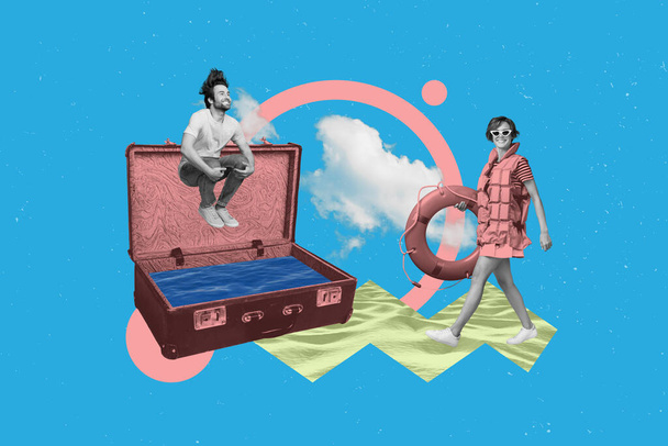 Poster banner collage of two people lady guy prepare for dream resort with open luggage summer stuff shopping sale concept. - Foto, afbeelding