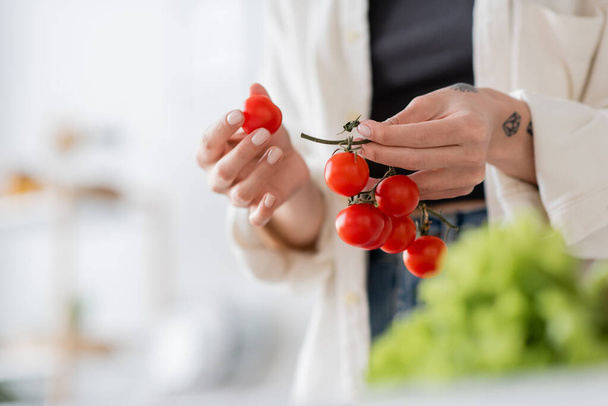 Oříznutý pohled na tetovanou ženu držící cherry rajčata v kuchyni  - Fotografie, Obrázek