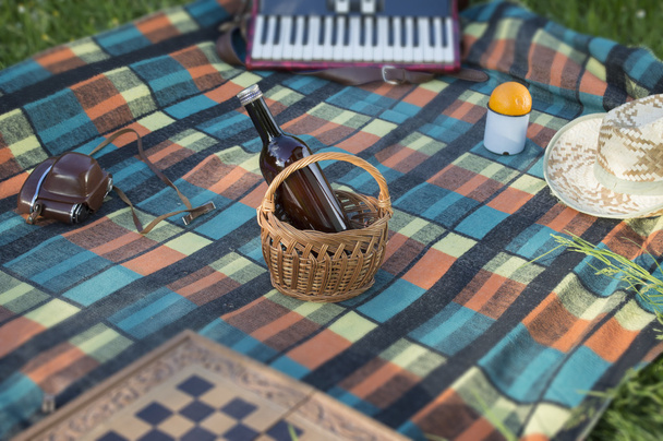 Botella enfocada en cesta en el picnic
 - Foto, Imagen