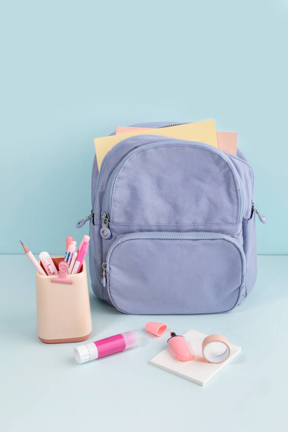 school supplies and diary concept, bags and school supplies for the new semester - Фото, зображення
