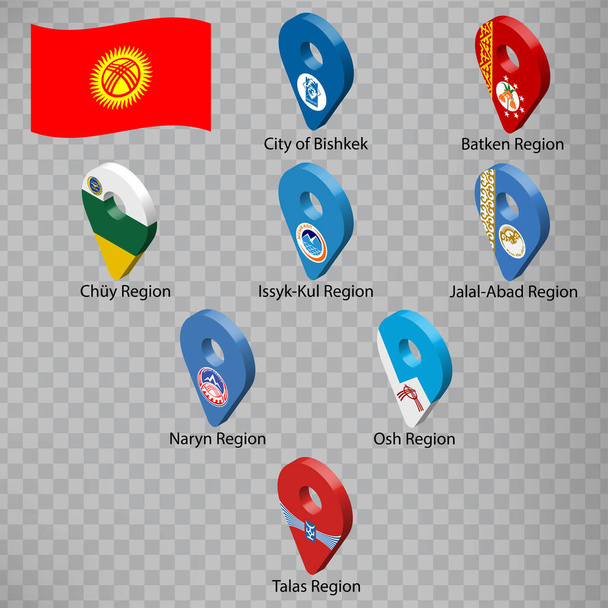 Nyolc zászló Kirgizisztán régiói - ábécé sorrendben névvel. Állítsa be a 3D-s geolokációs jelek, mint zászlók régiók Kirgizisztán. Nyolc 3D-s geolokációs jel a tervedhez. EPS10 - Vektor, kép