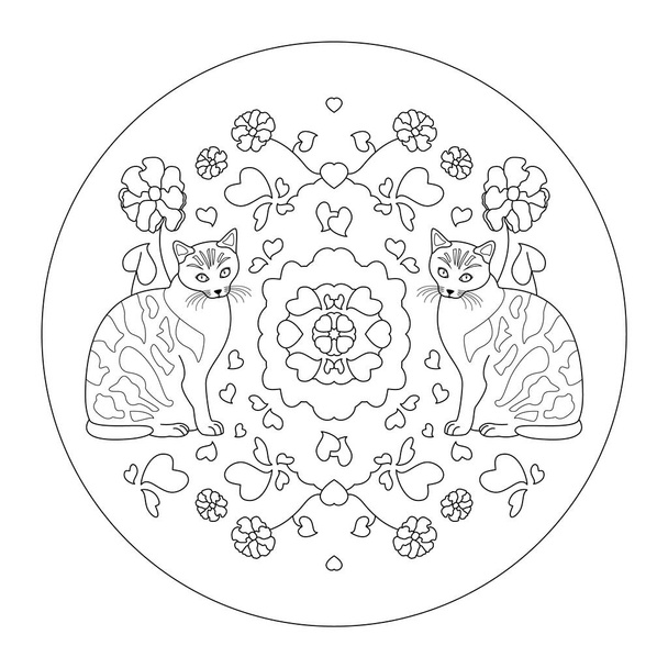 Kat Mandala met harten en bloemen. Schattig. Kleurplaten. - Vector, afbeelding