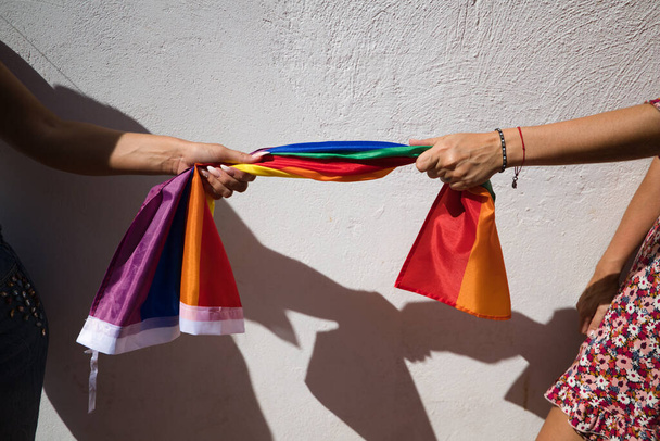 Eşcinsel bayrağının her iki ucunda da iki lezbiyen kadın tarafından tutulan detaylar. Gey gururu, homoseksüellik, lezbiyenler, gay gururu. - Fotoğraf, Görsel