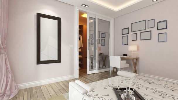 Pembe duvar ile modern yatak odası bir 3d render - Fotoğraf, Görsel