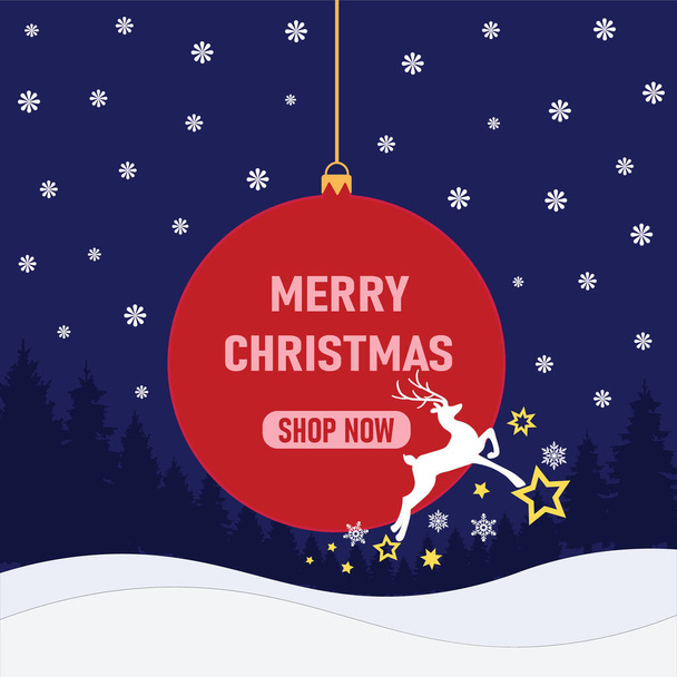 Merry Christmas written on a red Christmas ball card isolated on snowy background with falling snowflakes and a reindeer. Sale background. Vector Illustration.  - Vektör, Görsel