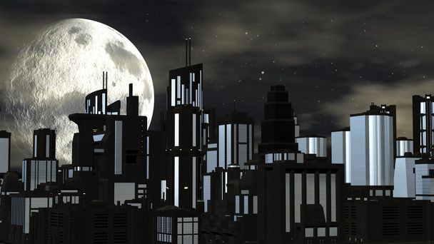 Nacht futuristische Stadt mit großem Mond - Foto, Bild