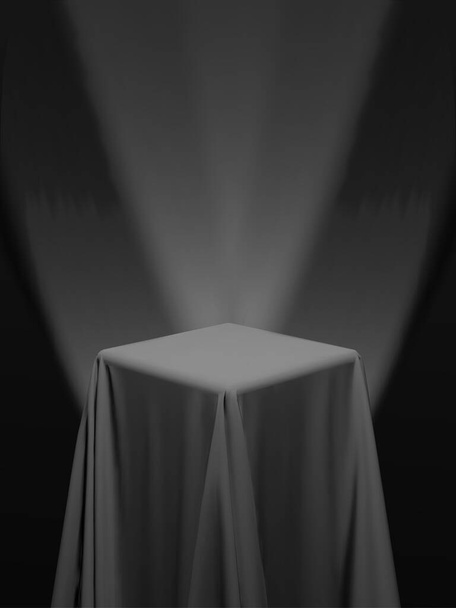 Black fabric covering a cube or a table, with black background and stage spotlights. Can be used as a stand for product display, draped table. Vector illustration - Vector, Image