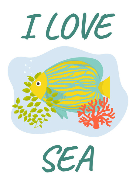 Vector illustration. Summer postcard template I love the sea with fish. - Vektör, Görsel
