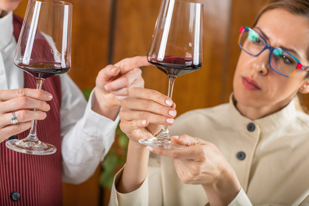ワイン品質評価。外観からワインの品質を評価する方法を学生に説明するソムリエ - 写真・画像