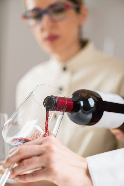 Εμπειρία γευσιγνωσίας. Ένας οινοχόος ρίχνει κόκκινο κρασί από ένα μπουκάλι σε ένα ποτήρι κρασιού, επιδεικνύοντας την κατάλληλη τεχνική για την εξυπηρέτηση του κρασιού στους επισκέπτες. - Φωτογραφία, εικόνα