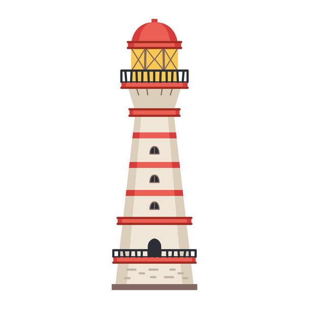 Морська деталізована ікона маяка ізольована на білому - вектор. Башта маяка з лампою прожектора ізольована іконка. Векторна морська смугаста вежа, навігаційний символ, морський промінь
. - Вектор, зображення