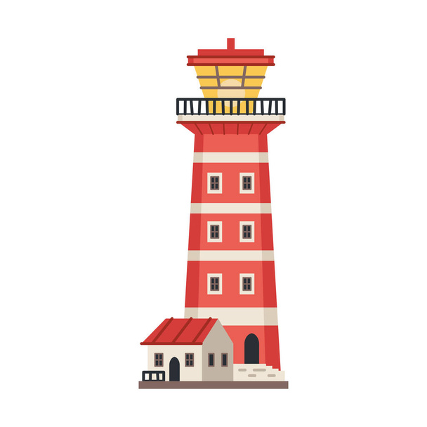 Sea detailed lighthouse icon isolated on white - vector. Beacon tower with searchlight lamp isolated icon. Vector nautical striped tower, navigation symbol, seafarer beacon. - Vector, Imagen
