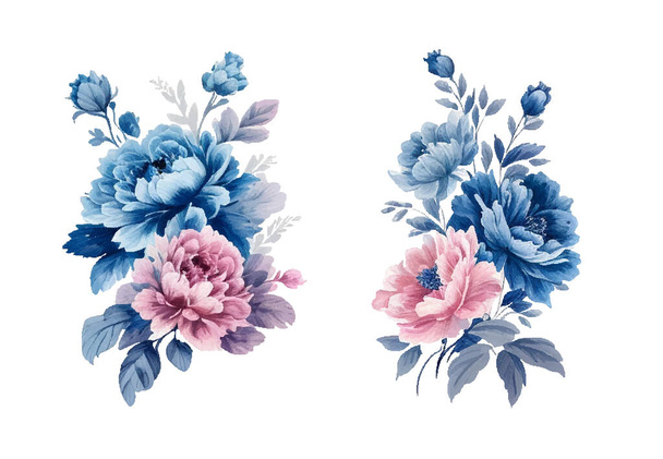 Винтажные акварельные голубые и розовые цветы, изолированные - Вектор,изображение