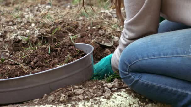 Tuinman voorbereiding bodem met bodemzeef voor groeiende planten close-up 4k slow motion shot selectieve focus - Video