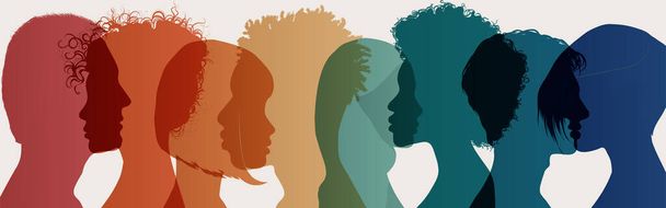 Sziluett profil arc csoport férfiak és nők a különböző kultúra. Az emberek sokfélesége. A faji egyenlőség antirasszista koncepciója. Társadalmi befogadás.Nemek közötti egyenlőség.Multikulturális társadalom. Közösség - Vektor, kép