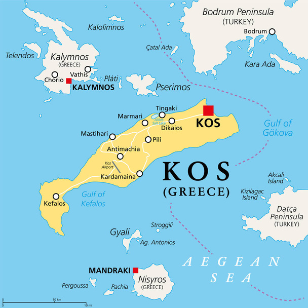 Kos, griechische Insel, politische Landkarte. Auch Cos, ein Teil der Dodekanes-Inseln in der Ägäis, neben der türkischen Halbinsel Bodrum. Mit Kalymnos, Nisyros, Pserimos und kleineren Nachbarinseln. - Vektor, Bild
