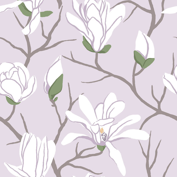 Seamless pattern with magnolia flowers. Hand drawn minimalistic style, branches with blooming flowers and buds. Spring floral background - ベクター画像