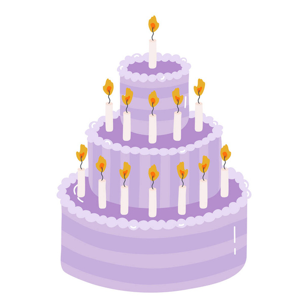 キャンドルを燃やしてかわいい誕生日ケーキ。お祝い、記念日、結婚式のためのデザート。休日のカップケーキのスタイルベクトルイラスト。流行の手は、スキャンディナヴィアスタイルでクリッパートを描いた. - ベクター画像