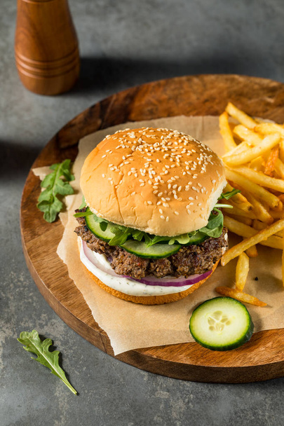 Homemade Healthy Lamb Burger with French Fries - Fotoğraf, Görsel