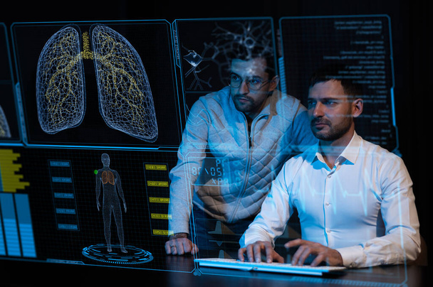 Two Caucasian bearded men are discussing stock charts on a virtual screen. HUD menu - Zdjęcie, obraz