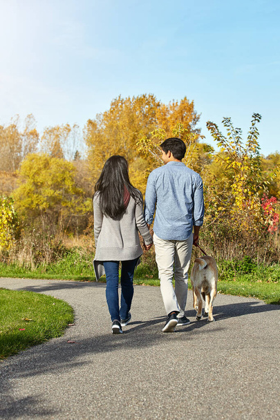 Taking our dog on an adventure. a loving young couple taking their dog for a walk through the park - Foto, Imagen