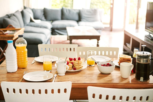 All great days start with a good breakfast. Closeup shot of breakfast items on a table - Fotoğraf, Görsel