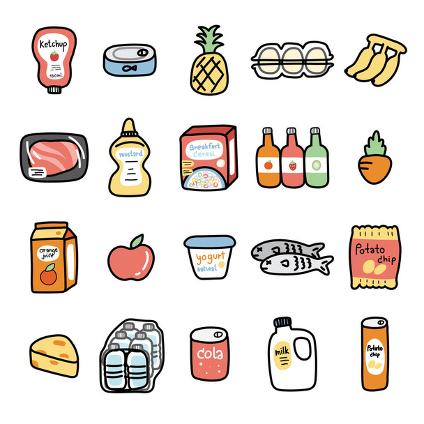 Conjunto de alimentos y productos de dibujos animados lindos en concepto de compras de supermercados.Consumibles diarios.Fruta, carne, bebida, bocadillo, jugo dibujado a mano.Kawaii.Vector.Ilustración. - Vector, imagen