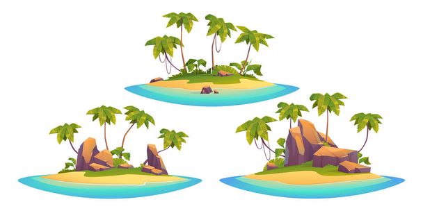 Uninhabited tropical isle cartoon scene set. Tiny sea rock island with palm tree and stone cliff vector clipart isolated on white background. Beautiful exotic sand land coast in ocean asset collection - Vektör, Görsel