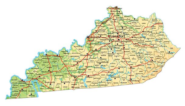 Nagy részletességű Kentucky fizikai térkép címkézéssel. - Vektor, kép
