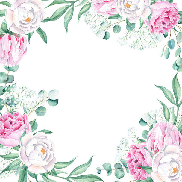 Aquarel vierkante frame, roze en witte pioenrozen, eucalyptus en gips takken. Handgetekende botanische illustratie geïsoleerd op witte achtergrond. Ideaal voor briefpapier, uitnodigingen, sla de datum op - Foto, afbeelding