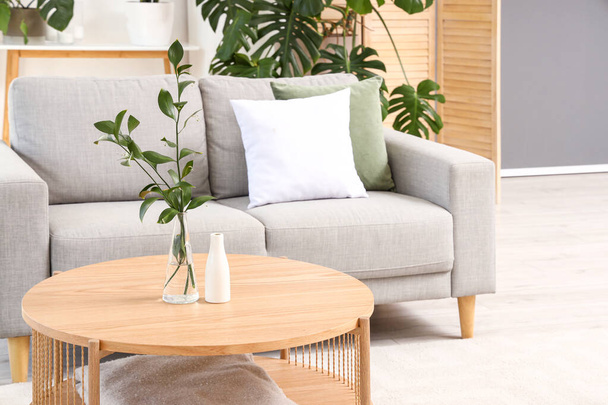 Vase with plant branches on coffee table in interior of bright living room - Φωτογραφία, εικόνα