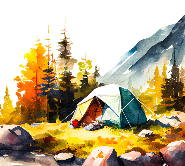 Camping au début de l'automne dans les montagnes par temps ensoleillé. Illustration aquarelle - Photo, image